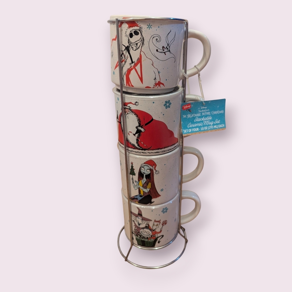 Nightmare Before Christmas four (4) 10 oz Stacked Ceramic Mugs NWT
